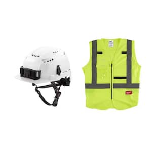 BOLT White Type 2 Class C Front Brim Vented Safety Helmet w/2XL/3XL Yellow Class 2-High Vis. Safety Vest w/10-Pockets
