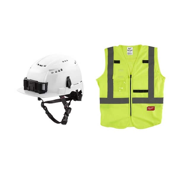 Milwaukee BOLT White Type 2 Class C Front Brim Vented Safety Helmet w/2XL/3XL Yellow Class 2-High Vis. Safety Vest w/10-Pockets