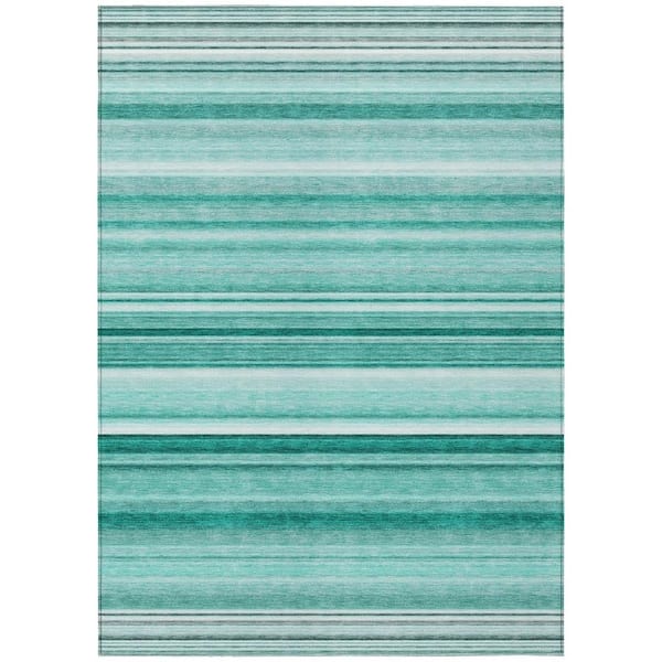 Aqua 5 ft. x 8 ft. Woven Striped Polyester Rectangle Indoor / Outdoor Area Rug