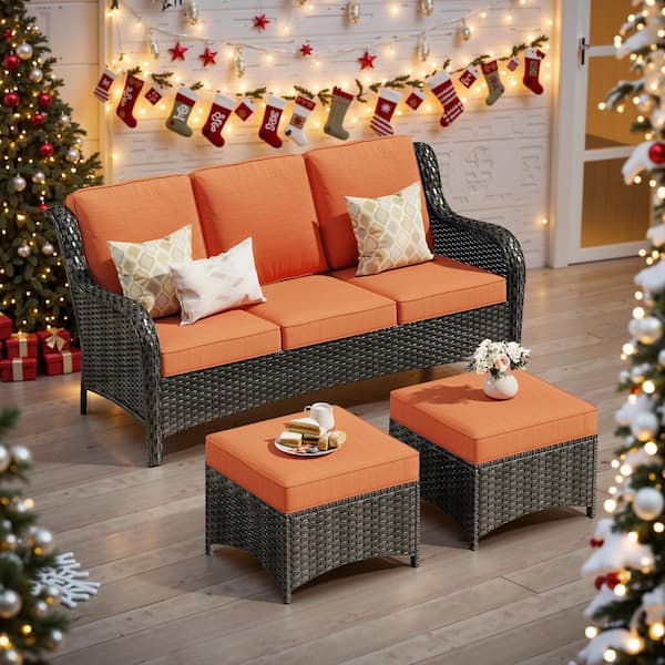 Clario 3-Seat Wicker Outdoor Couch Patio Sofa Sectional Set with Orange Red Cushions and 2 Ottomans for Balcony