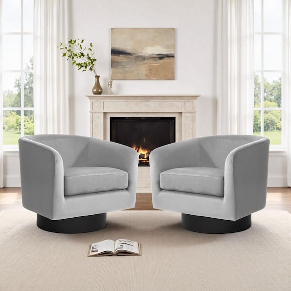 Modern Gray Velvet Upholstered 360°Swivel Accent Arm Chair with Wood Base(Set of 2)