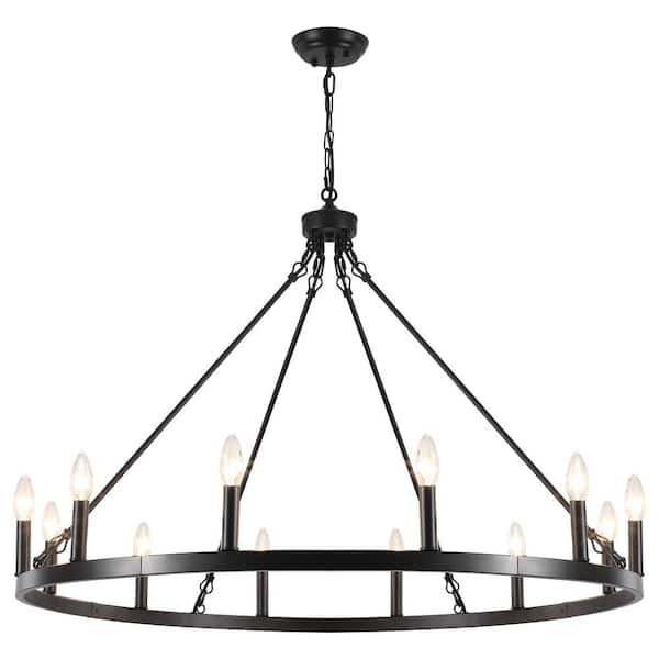 ADSENSTY 12-Light Black Modern Candlestick Wagon Wheel Chandelier for Living Room, Dining Room, Foyer, Entryway