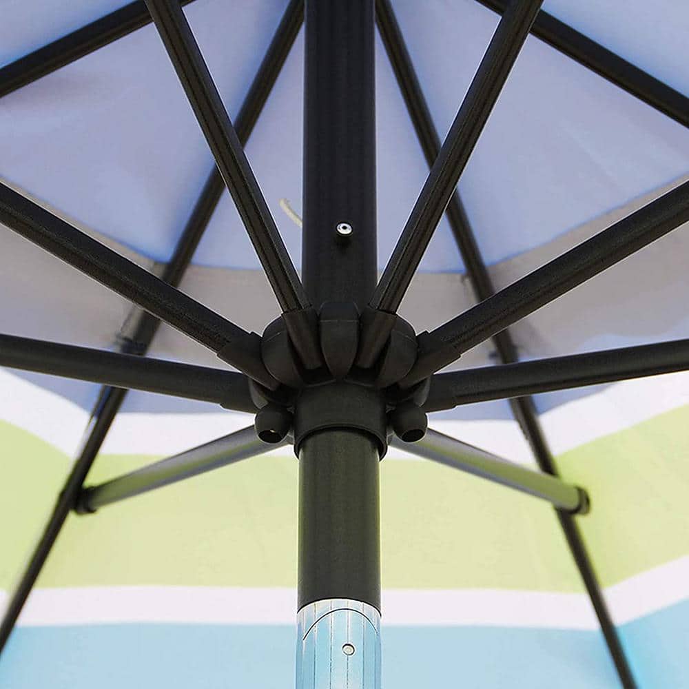 9 ft. Blue and Green Striped Outdoor Patio Umbrella with Tilt and Crank