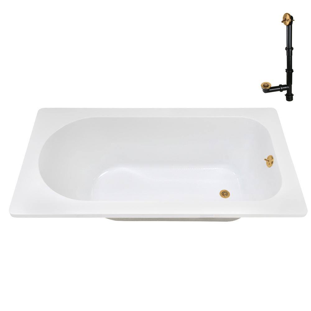 72" Glossy White Acrylic Drop-In Soaking Bathtub with Brushed Gold Trim