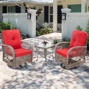3-Piece Wicker Outdoor Rocking Chair Patio Conversation Set Swivel Chairs with Red Cushions and Side Table