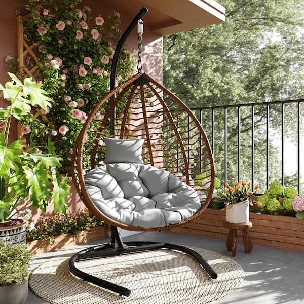 Outdoor Brown Rattan Egg Swing Chair with Iron Frame and Gray Plush Cushion & Removable Headrest