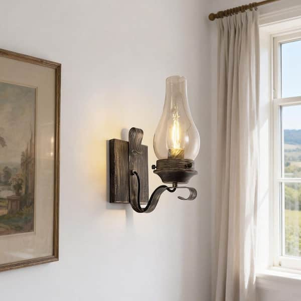 5 in. 1-Light Oil Rubbed Bronze Wall Sconces Set of 2, Vintage Amber Glass Indoor Wall Lights for Bathroom Living Room