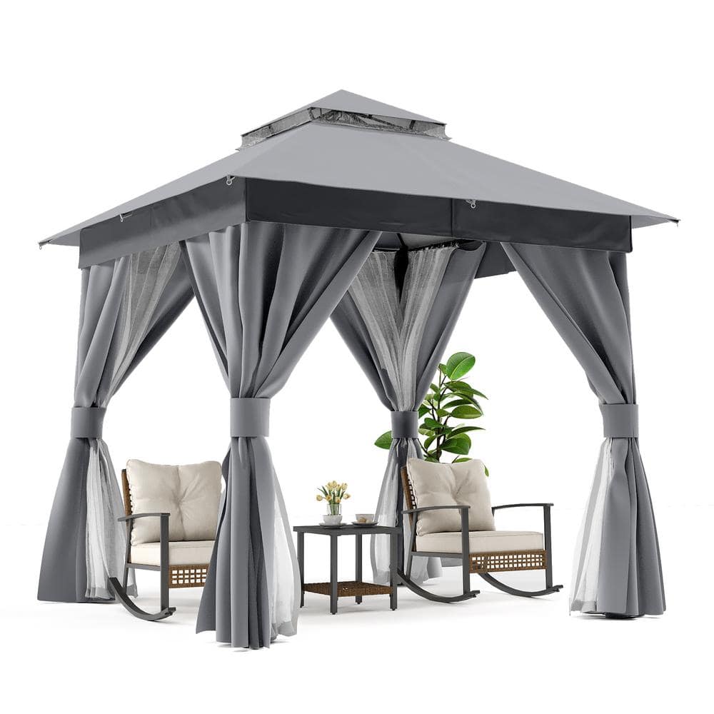 LAUSAINT HOME 8 ft. x 8 ft. Gray Outdoor Patio Gazebo with Double Roof ...