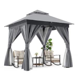 8 ft. x 8 ft. Gray Outdoor Patio Gazebo with Double Roof, Nettings and Privacy Screens