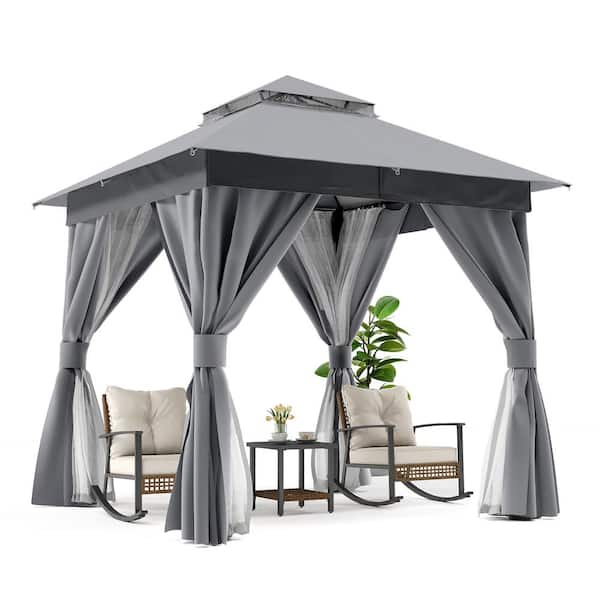 LAUSAINT HOME 8 ft. x 8 ft. Gray Outdoor Patio Gazebo with Double Roof, Nettings and Privacy Screens