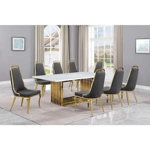 Lisa 9-Piece Rectangle White Marble Top Gold Stainless Steel Dining Set With 8-Dark Grey Velvet Gold Chrome Iron Chairs