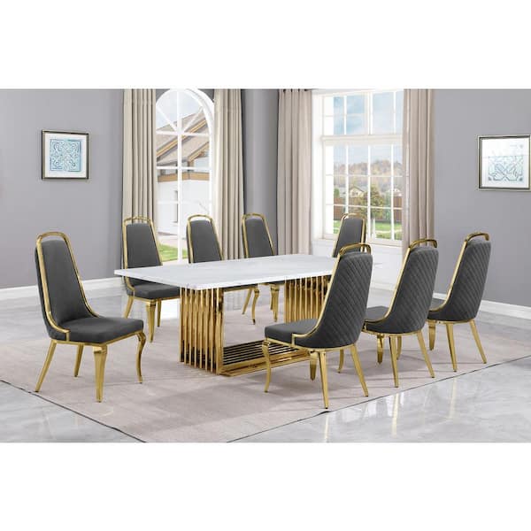 Best Quality Furniture Lisa 9-Piece Rectangle White Marble Top Gold Stainless Steel Dining Set With 8-Dark Grey Velvet Gold Chrome Iron Chairs
