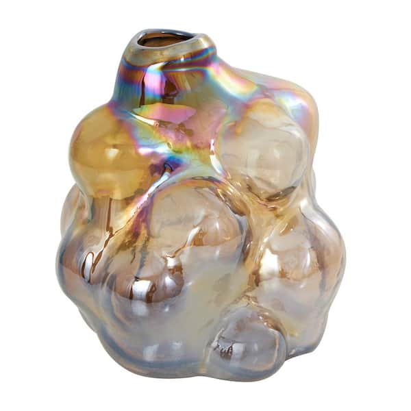 Litton Lane 8 in. Brown Handmade Abstract Iridescent Bubble Glass Decorative Vase
