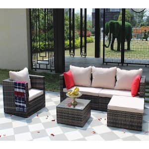 4-Piece Brown Wicker Patio Conversation Set with Beige Cushions