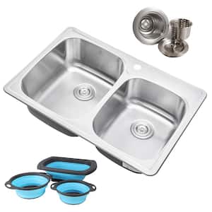 Topmount Drop-In 18G Stainless Steel 33-1/8 in. 1 Hole 60/40 Double Bowl Kitchen Sink w/ Collapsible Silicone Colanders