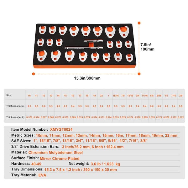 SKYSHALO 3/8 in. Drive Crowfoot Adjustable Wrench Set, 24-Piece