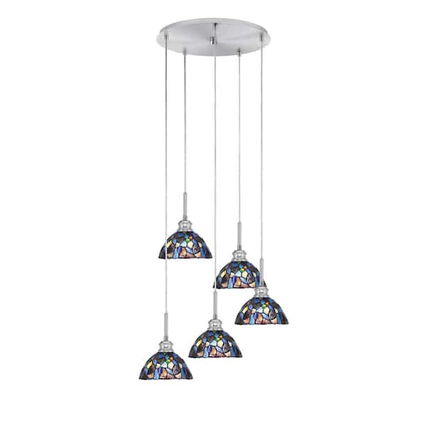 Unbranded Albany 60-Watt 19.75 in. 5-Light Brushed Nickel Cord Pendant Light Blue Mosaic Art Glass Shade