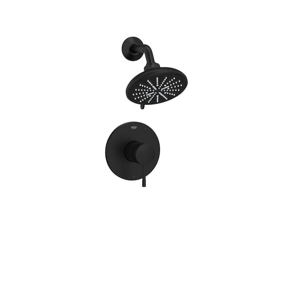GROHE Essence 1-Handle Wall Mount Shower Trim Kit in Matte Black with Shower Arm - 1.75 GPM (Valve Not Included)