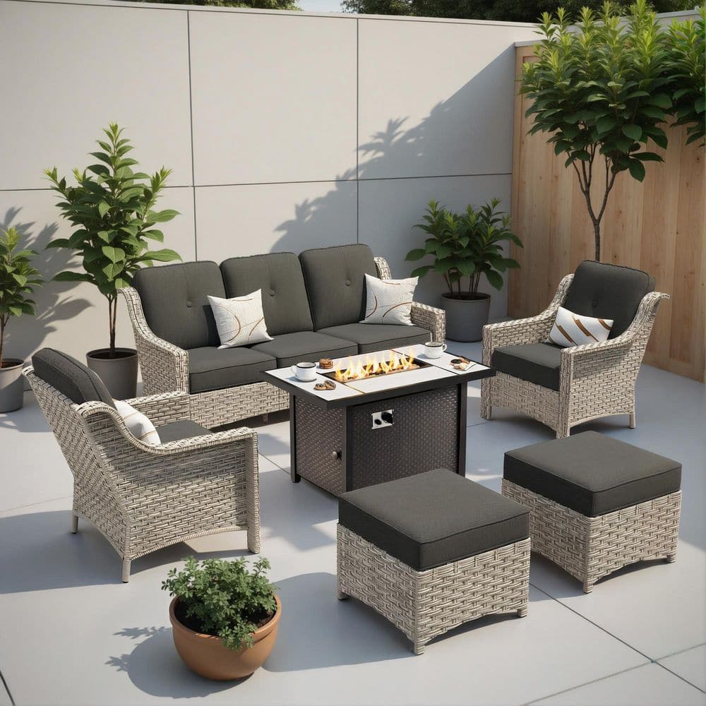 Miracle 6 Pieces Wicker Outdoor Patio Rectangular Fire Pit Set with Black Cushions price history on PriceWatchPro