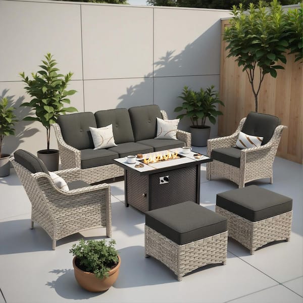 XIZZI Miracle 6 Pieces Wicker Outdoor Patio Rectangular Fire Pit Set with Black Cushions