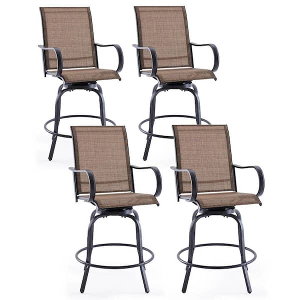 Swivel Metal Outdoor Bar Stool with Textilene Fabric Set of 4 for Balcony, Poolside in Brown