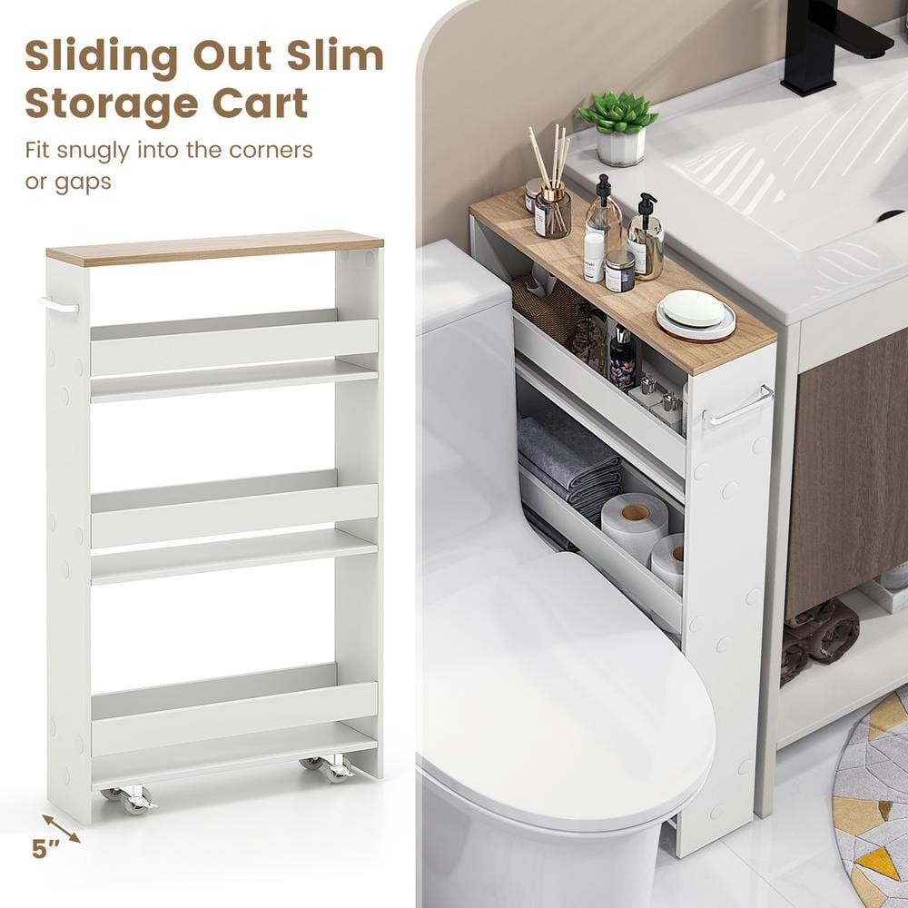 Rolling Kitchen White Slim Storage Cart Mobile Shelving Organizer with Handle - thumbnail 8