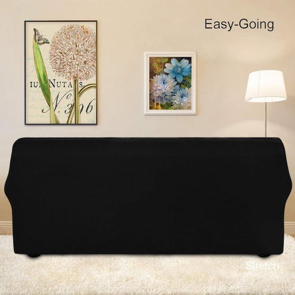 Black Polyester Stretch Sofa Slipcover with Elastic Bottom for Kids, Polyester Spandex Jacquard Fabric Small Checks