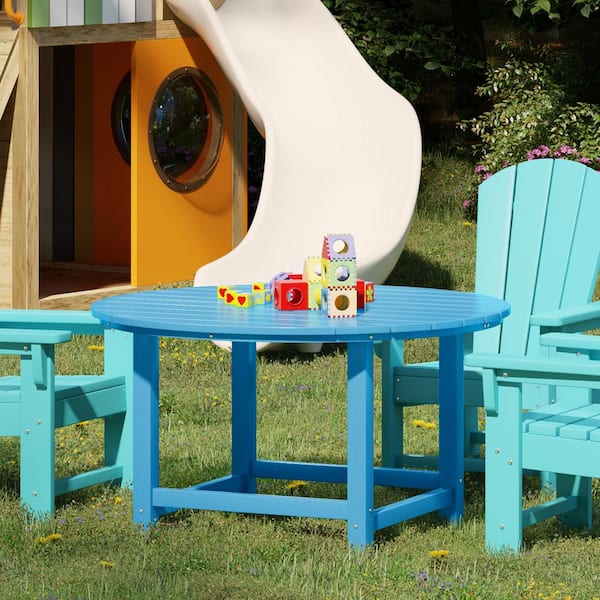 Childrens Laguna Outdoor Patio All Weather Fade Resistant Kids Poly Plastic 38 in. Round Picnic Dining Table PacificBlue