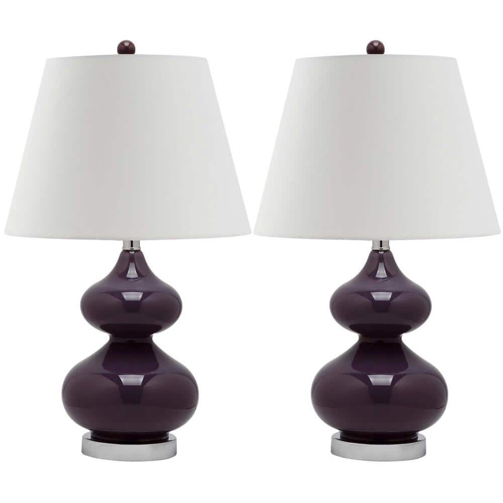 Eva Double Gourd Dark Purple Glass Table Lamp Set with Silver Accents