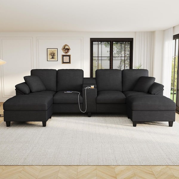 116.9 in. Square Arm Corduroy L-Shaped Sofa in Black with Storage Ottomans, Cup Holders and USB Ports