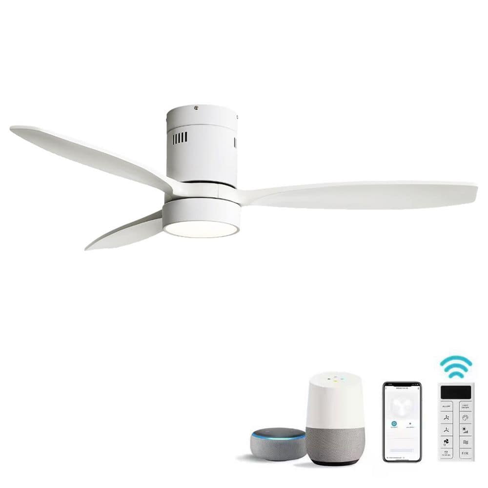 52 in. Indoor Smart Standard Flush Mount Solid Wood White Ceiling Fan with LED Light and DC Motor, Remote/APP Control
