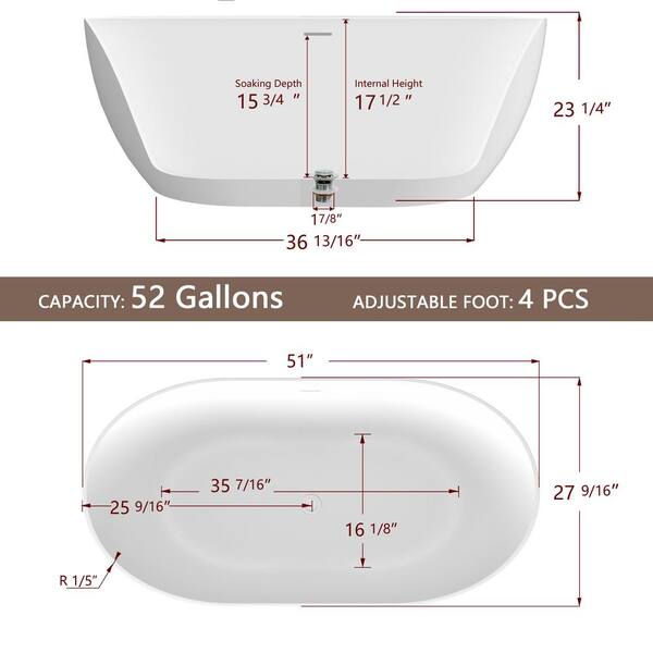 51 in. x 27.5 in. Acrylic Free Standing Tub Freestanding Soaking Bathtub Flatbottom Stand Alone Soaker Tubs in White