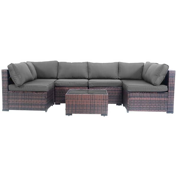 Decksplore 7-Piece Wicker Weather Resistant Outdoor Furniture Set with Dark Gray Thick Cushions and Coffee Table