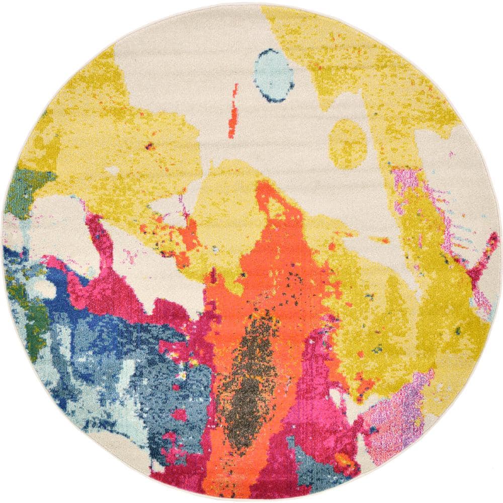 Abstract Blue and Beige Synthetic Round Rug for Easy Care