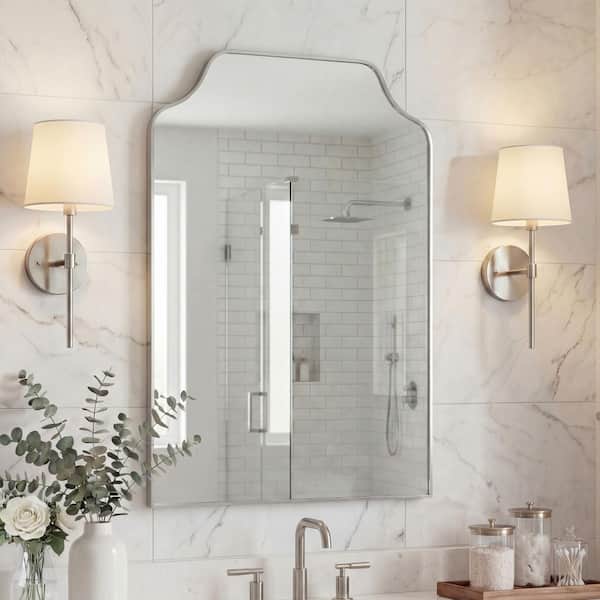 Lindie 24 in. W x 36 in. H Medium Scalloped Top Metal Framed Wall Mounted Mirror, Nickel