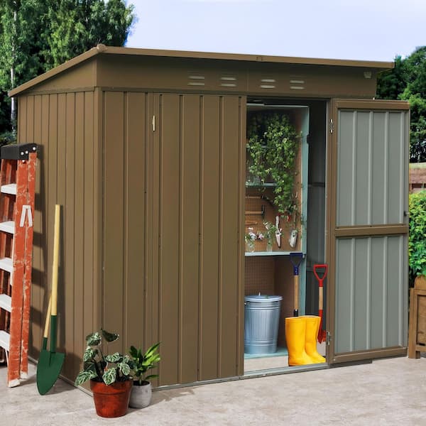 6 ft. W x 4 ft. D Outdoor Metal Shed Waterproof Tool Storage House with Lockable Double Door, Brown (24 sq. ft.)