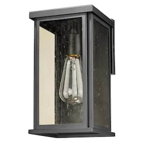 Lyons 11.75 in. Matte Black 1-Light Outdoor Wall Lantern with Seeded ChampagneGlass