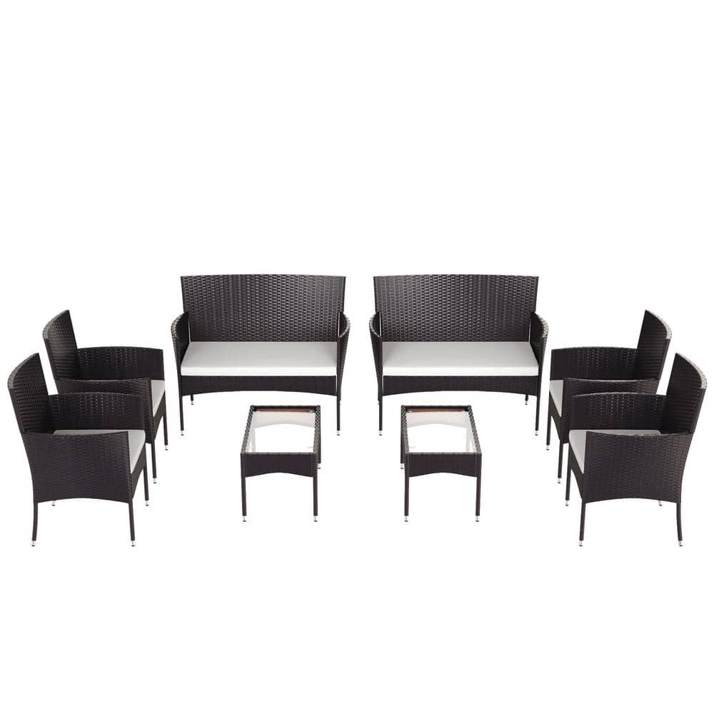 Black 8-Piece Wicker Patio Conversation Set with Beige Cushions