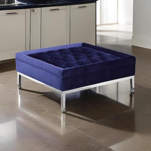 Benjara Navy Blue and Chrome Velvet Square Accent Ottoman Medium