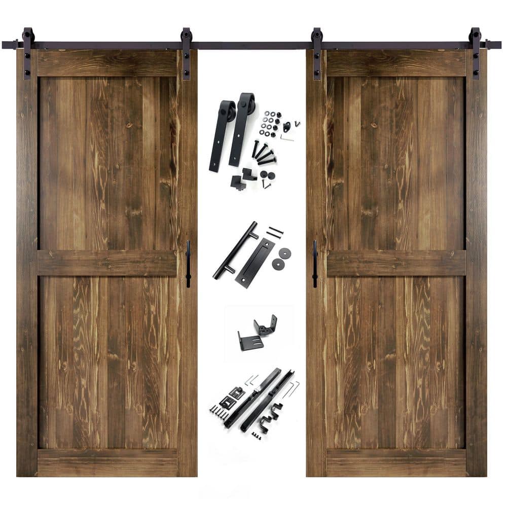 44 in. x 84 in. H-Frame Walnut Double Pine Wood Interior Sliding Barn Door with Hardware Kit, Non-Bypass price history on PriceWatchPro