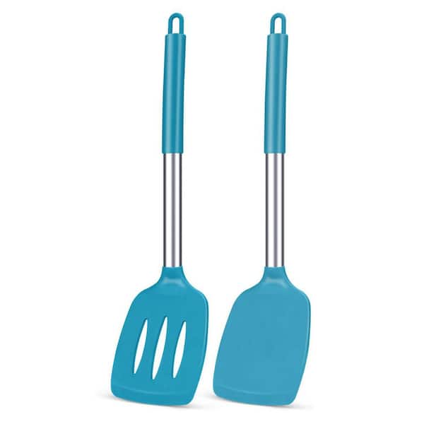 Utensils Pack of 2 Blue Silicone Solid and Slotted Turner Set, Non Stick, BPA Free, High Heat Resistant Kitchen