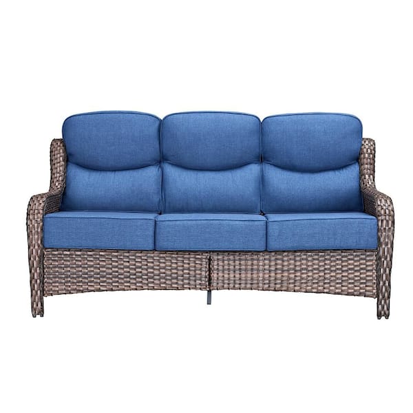 6 in Thicken 3-Seat Wicker Outdoor Couch Patio Sofa with Blue Cushion