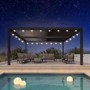 12 ft. x 16 ft. Bronze Aluminum Frame Outdoor Louvered Pergola with Adjustable Sunshade Roof and Solar String Lights