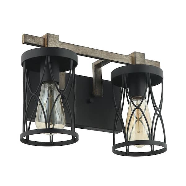 Flint Garden 14 in. 2 Light Matte Black Industrial Farmhouse Bathroom Vanity Light with Metal Shade for Bathroom
