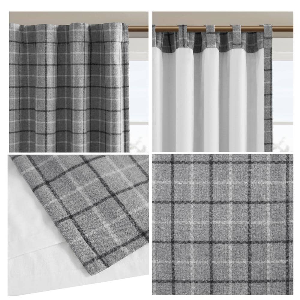 Gray Plaid Light-Filtering Polyester Curtain Panel with Fleece Lining