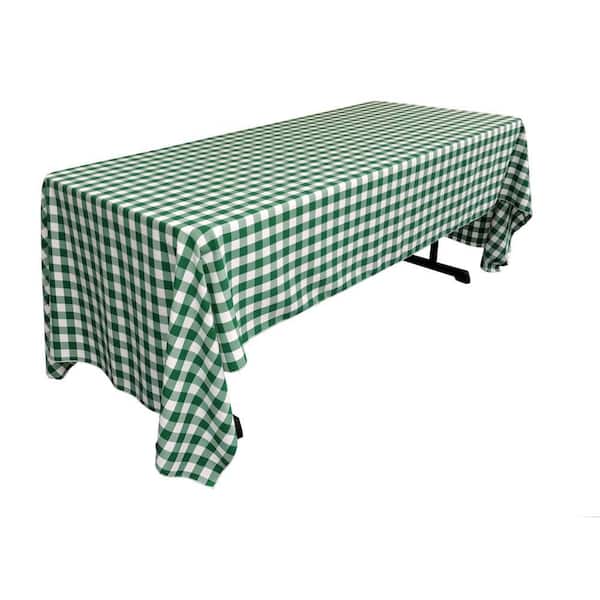 60 in. x 120 in. White and Hunter Green Polyester Gingham Checkered Rectangular Tablecloth