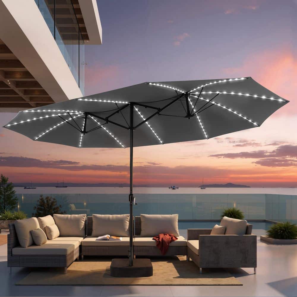 15 ft. Double Side Outdoor Market Patio Umbrella in Gray with Base and Solar LED Lights price history on PriceWatchPro