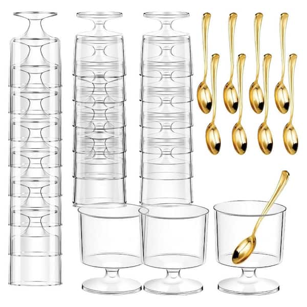 120 Pcs 5oz Round Goblet Clear Plastic Dessert Parfait Cups with Golden Spoons for Pudding Appetizer Party