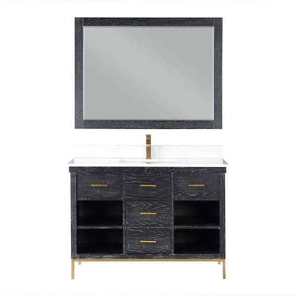 Altair Kesia 48 in. W x 22 in. D x 34 in. H Single Sink Bath Vanity in Black Oak with White Composite Stone Top and Mirror