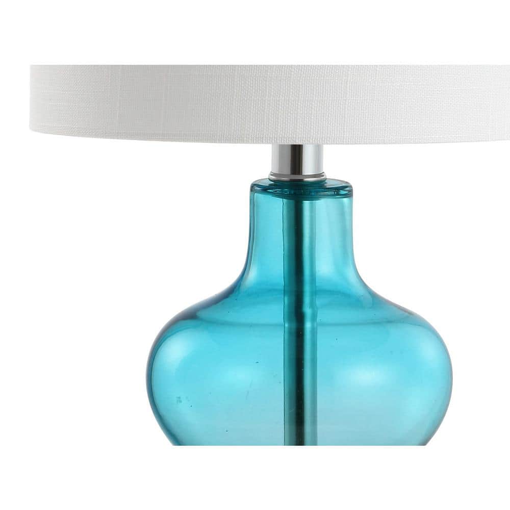 Aqua Glass and Metal LED Table Lamp with White Drum Shade